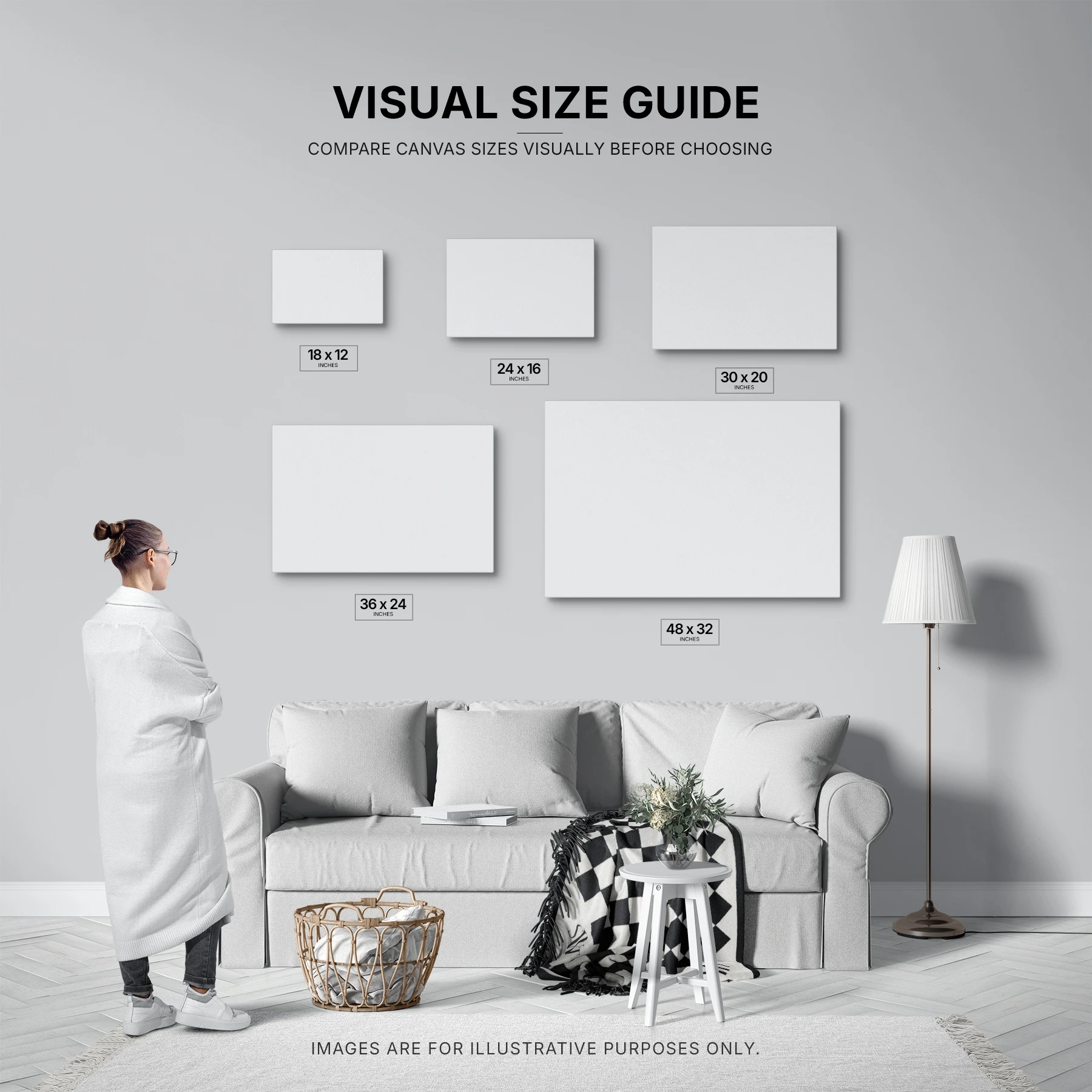 Horizontal canvas size guide comparing different wall art sizes above a sofa in a living room