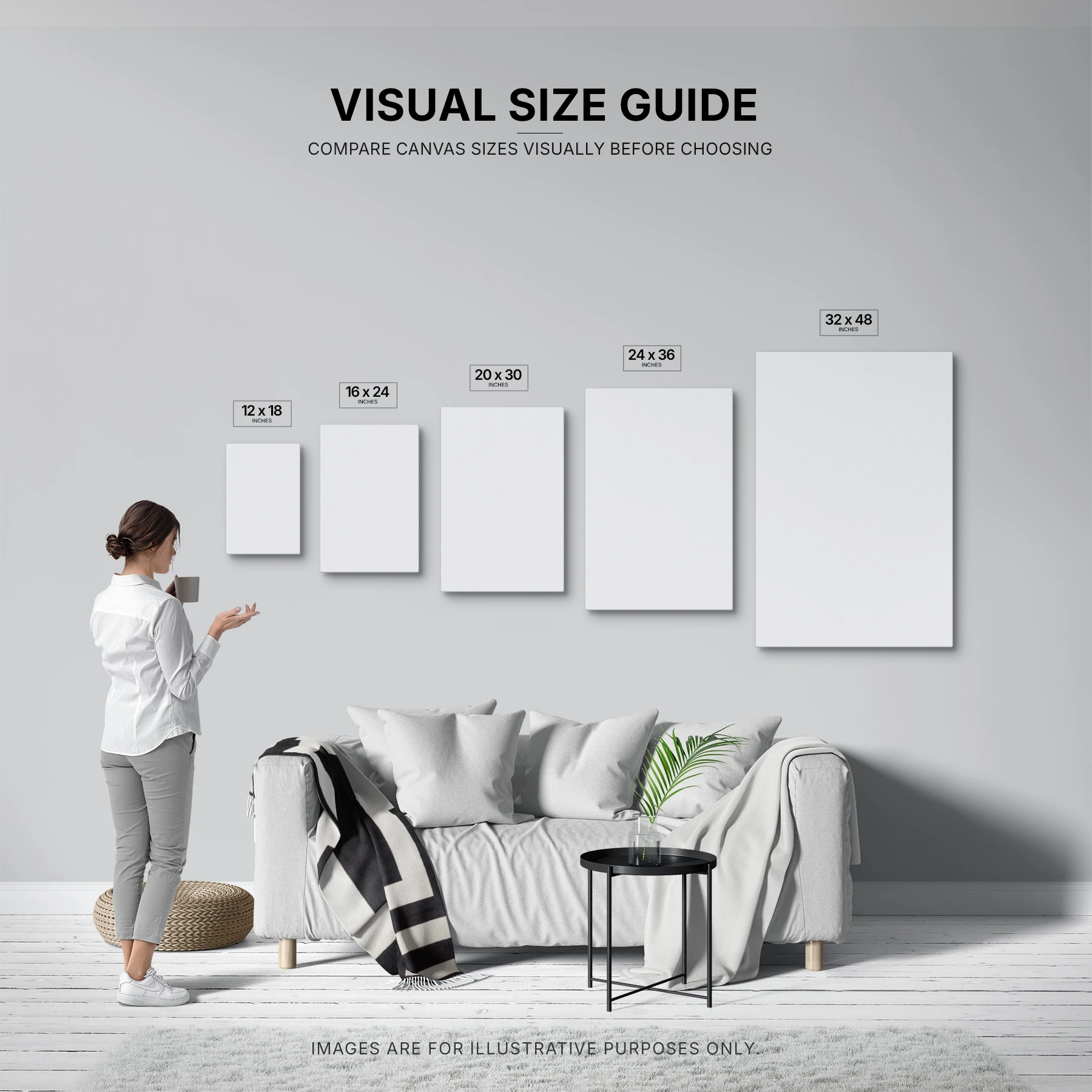 Vertical canvas size guide comparing different wall art sizes above a sofa in a living room