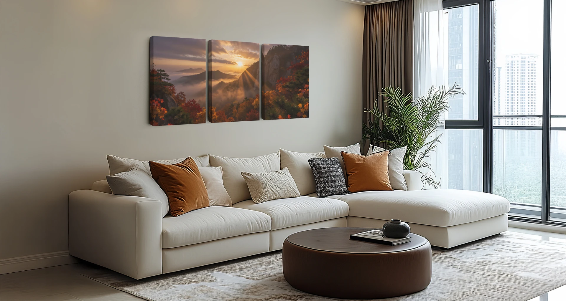 Sunrise mountain landscape triptych canvas wall art, side hanging above a sofa in a modern living room